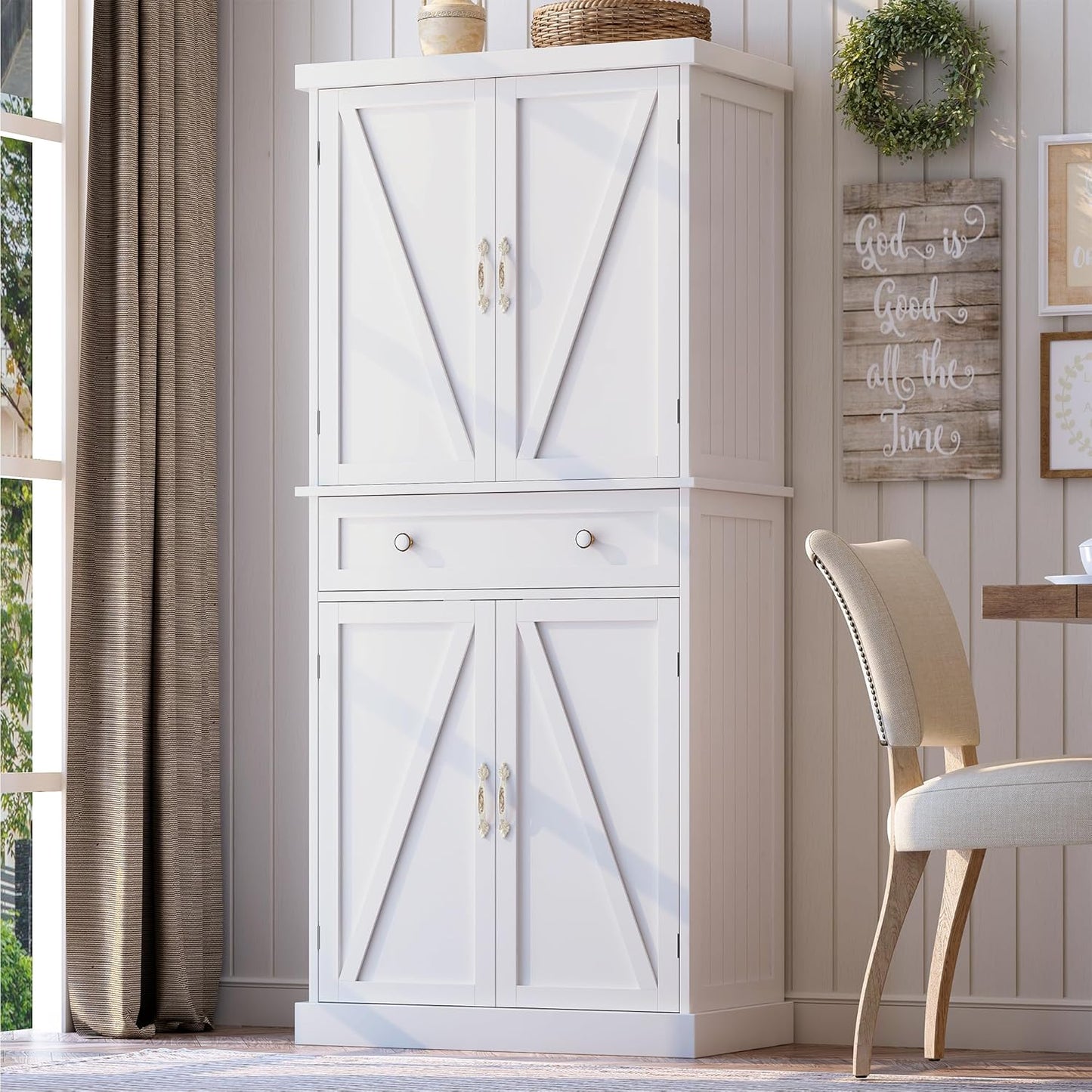 Kitchen Pantry Cabinet, Pantry Storage Cabinet with Adjustable Shelves and Drawer, Sideboard Buffet Cupboards Storage Shelf for Home Office Use (White, 16" D x 24" W x 47" H)
