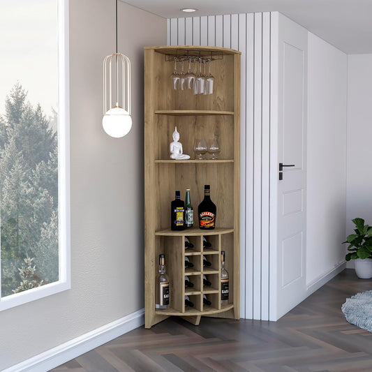 Corner Bar Cabinet, Three Shelves, Eight Built in Wine Rack, Two Side Shelves Macadamia