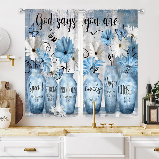 MESHELLY Farmhouse Teal Kitchen Curtains 27.5Wx39H Inch Rod Pocket Blue Flower Watercolor Eucalyptus Leaves Bedroom Window Drapes Inspirational Quote Printed Window Treatment Fabric 2 Panels