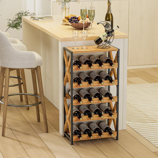 20 Bottle Wine Rack Freestanding Floor with Wood Top,Wobble-Free 5 Tier Wine Display Storage Stand Shelf,Stackable Modular Wine Bottle Holder Rack for Kitchen,Cellar,Living Room