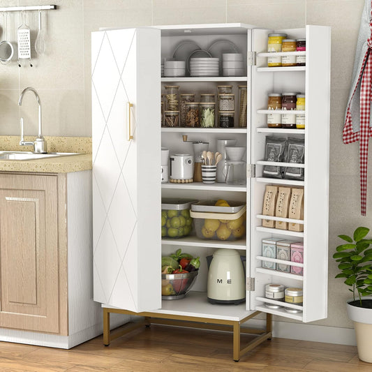 51” Pantry Cabinets, White Freestanding Kitchen Pantry Storage Cabinet with Adjustable Shelves, Buffet Cupboards Storage Cabinet for Home Office Use, White + Gold
