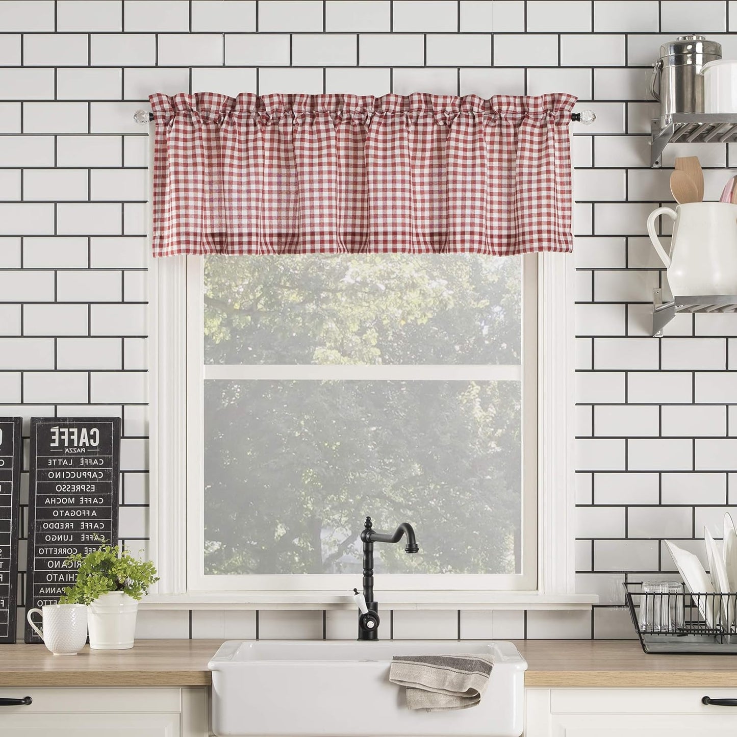 No. 918 Parkham Farmhouse Plaid Semi-Sheer Rod Pocket Kitchen Curtain Valance and Tiers Set, 54" x 24", Black/White