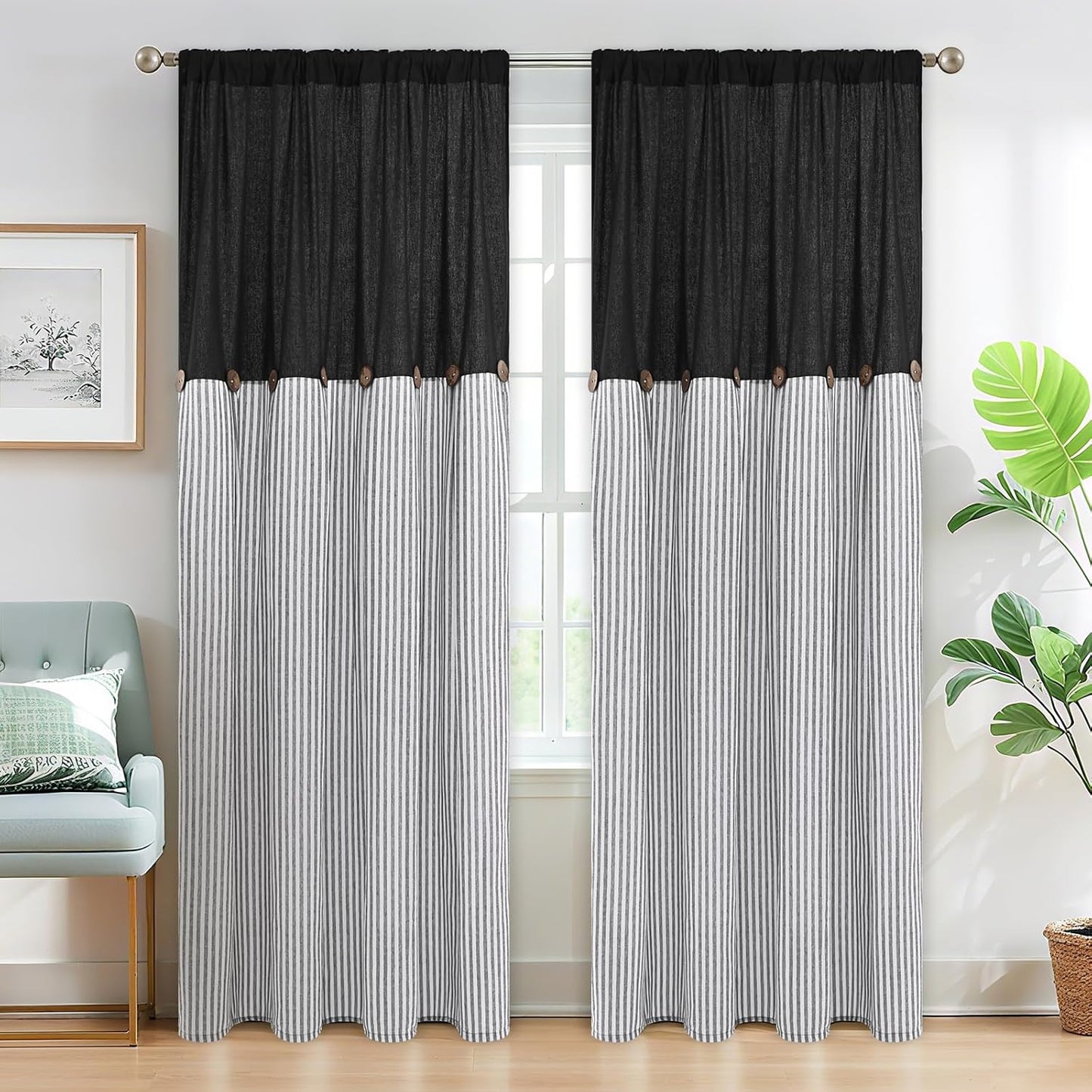 ASPMIZ Cotton Linen Window Treatment Tiers 24 Inch, Boho Rustic Button Kitchen Curtains Farmhouse Style, Grey Stripe Half Window Curtains, Country Short Rod Pocket Curtain for Small Window, 2 Panels