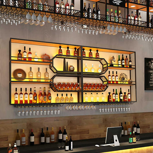 94IN Wall Mounted with Wine Rack, Hanging Metal Floating Wine Rack Cabinet with LED Light, 4-Tiers Large Vintage Style Wine Bottle Shelf for Home Restaurant Bars (94IN/240CM)