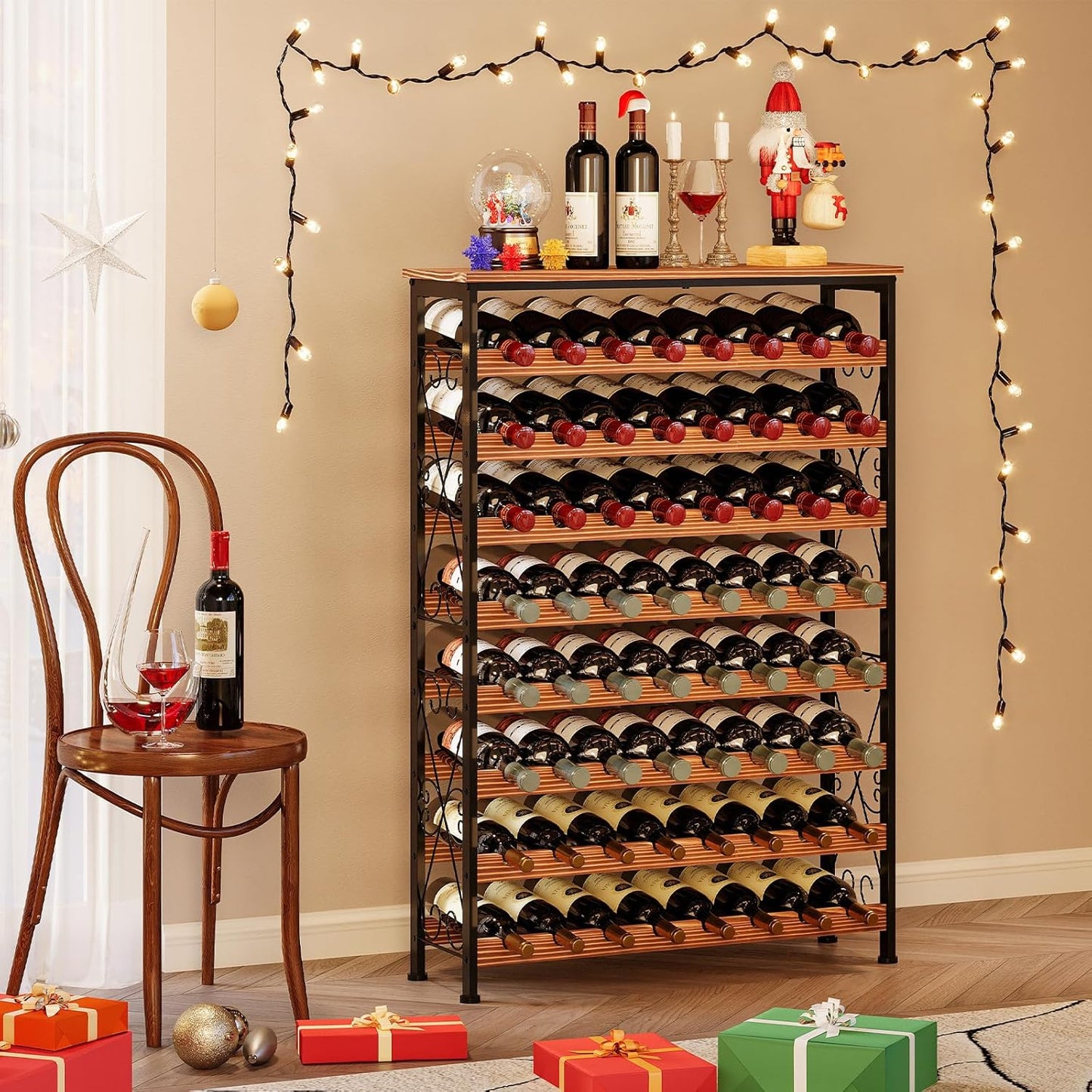 64 Bottles Wine Rack Freestanding Floor with 2 in 1 LED Light, Wine Bottle Rack Wine Holder Wine Storage Shelf for Kitchen Bar Pantry, Tall Wine Cabinet Stand Display 31.85''L X 10.6''W X 47.95''H