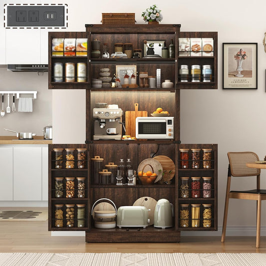 72" Tall Farmhouse Kitchen Pantry Cabinet with LED Light and Power Outlet,Modern Farmhouse Kitchen Storage Cabinet w Load-Bearing Steel Pipe,Barn Doors, Organizer,Food Pantry Cabinets(Rustic Brown)