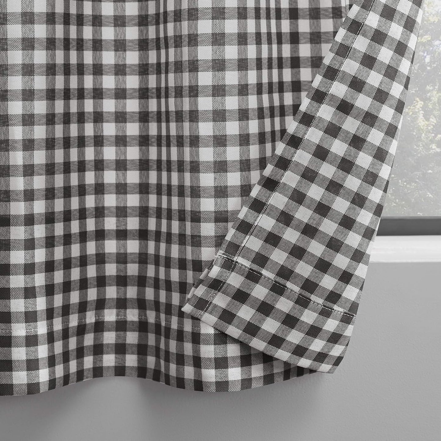 No. 918 Parkham Farmhouse Plaid Semi-Sheer Rod Pocket Kitchen Curtain Valance and Tiers Set, 54" x 24", Black/White