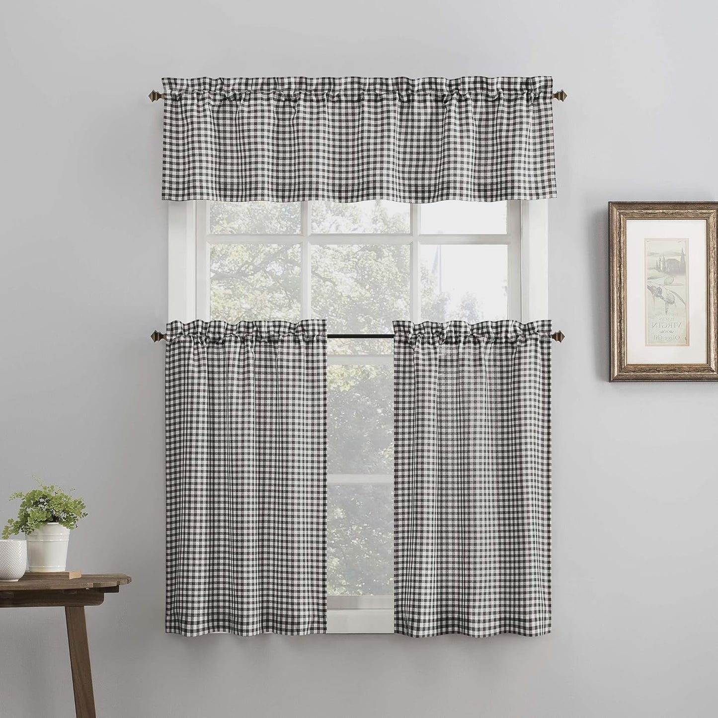 No. 918 Parkham Farmhouse Plaid Semi-Sheer Rod Pocket Kitchen Curtain Valance and Tiers Set, 54" x 24", Black/White